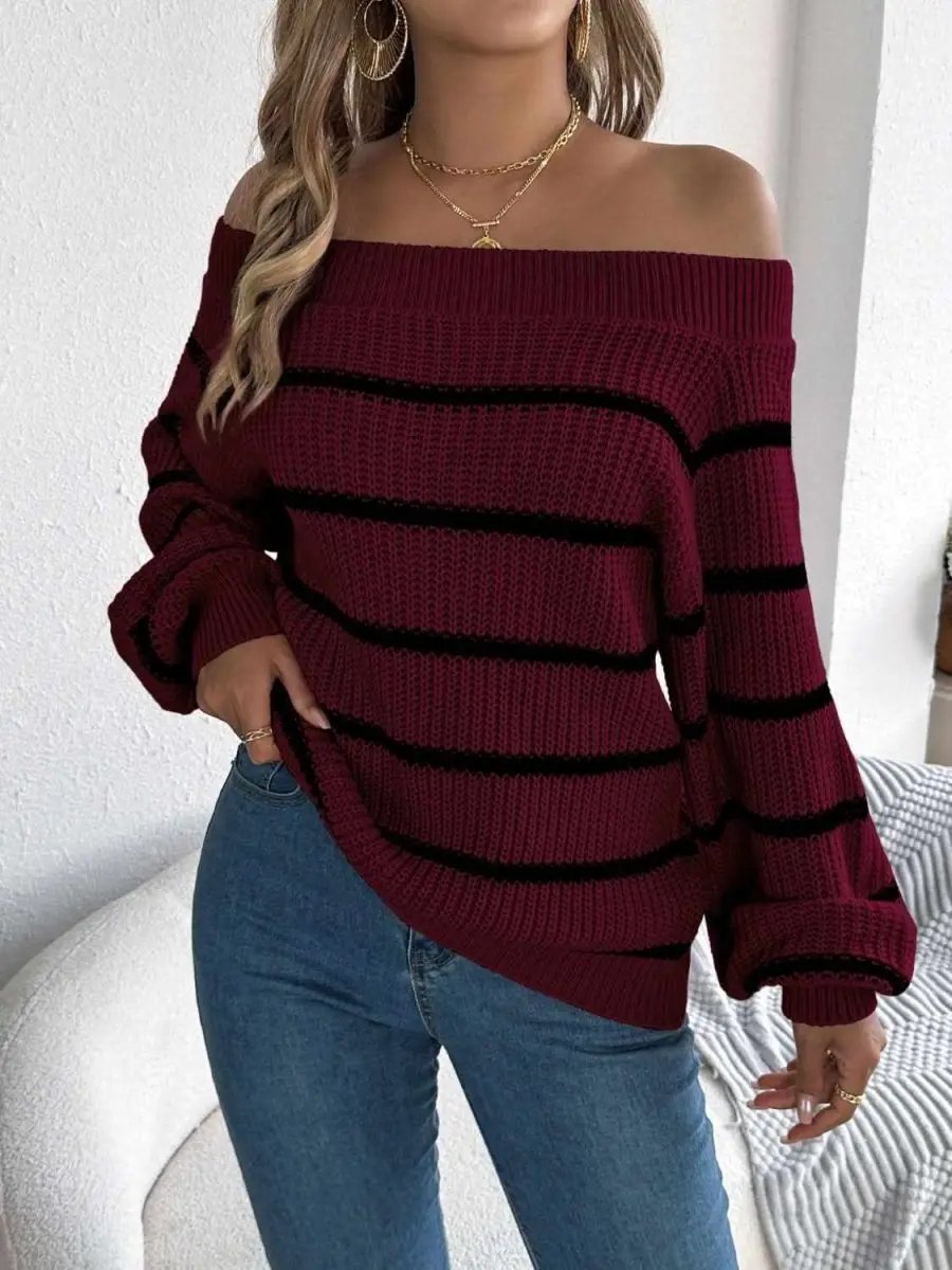 Striped Off-Shoulder Long Sleeve Sweater - Love Salve